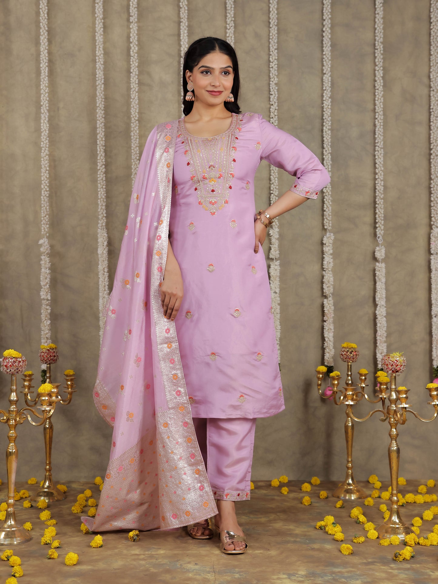 Embroidered Romen silk Solid Lavender Kurta