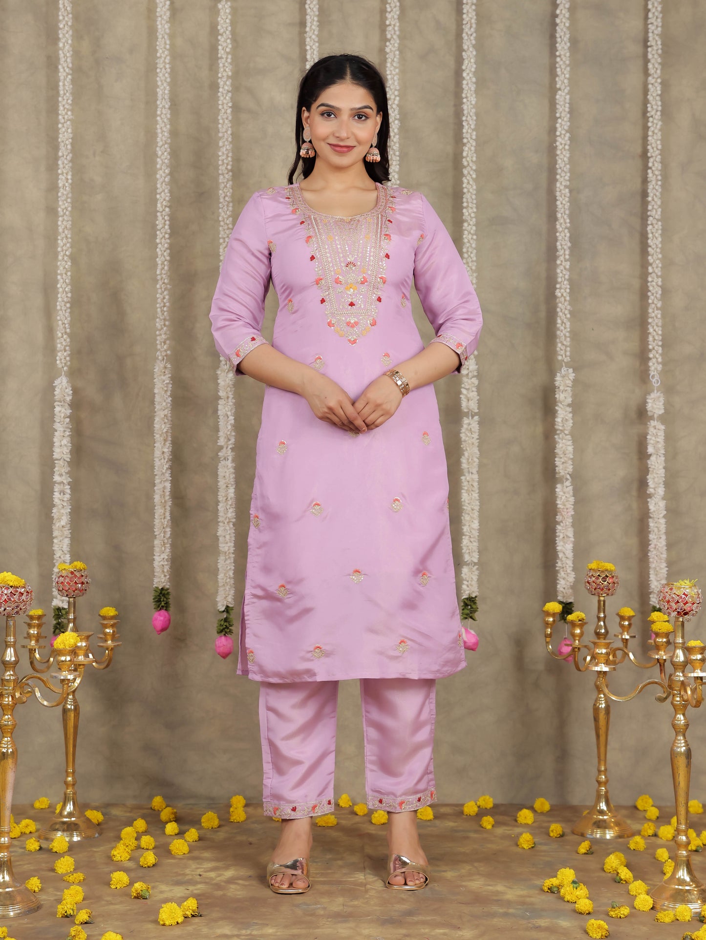 Embroidered Romen silk Solid Lavender Kurta