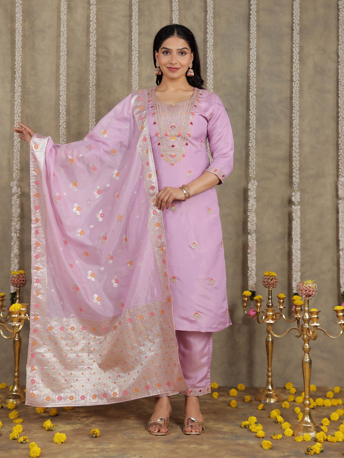 Embroidered Romen silk Solid Lavender Kurta