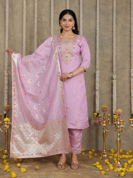 Embroidered Romen silk Solid Lavender Kurta
