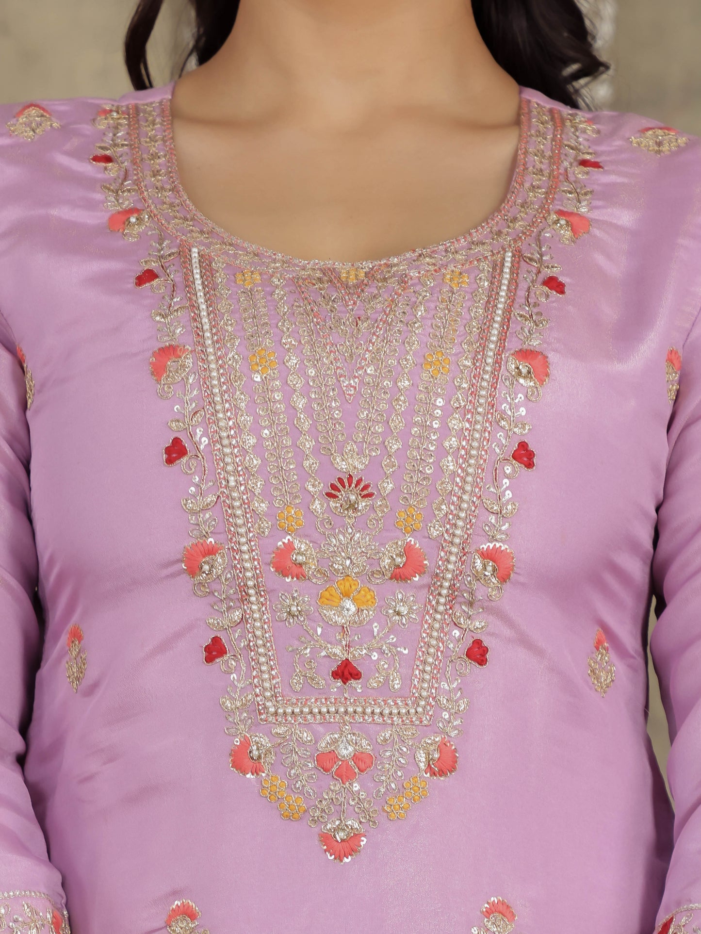Embroidered Romen silk Solid Lavender Kurta