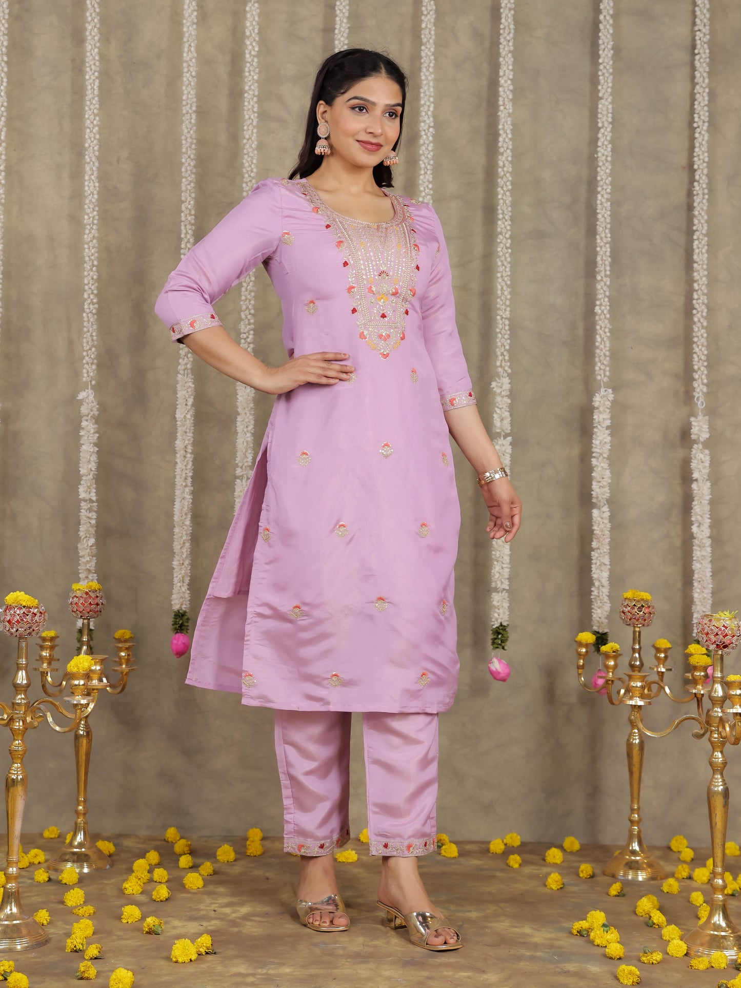 Embroidered Romen silk Solid Lavender Kurta