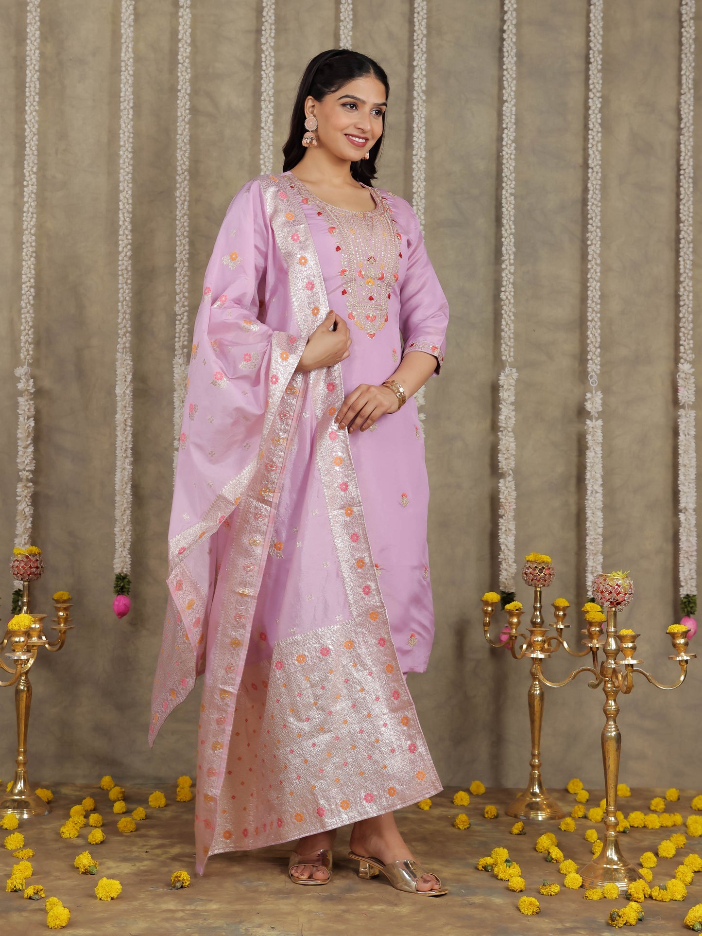 Embroidered Romen silk Solid Lavender Kurta