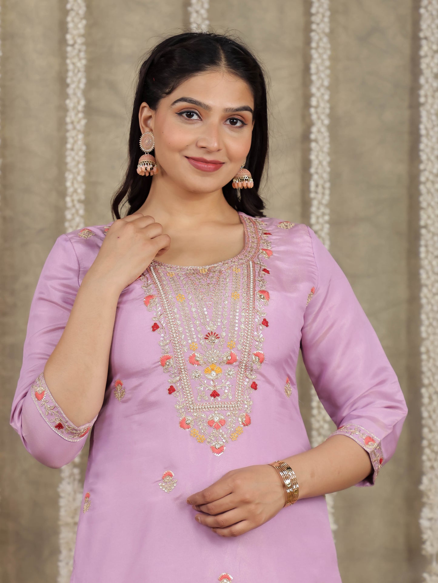 Embroidered Romen silk Solid Lavender Kurta
