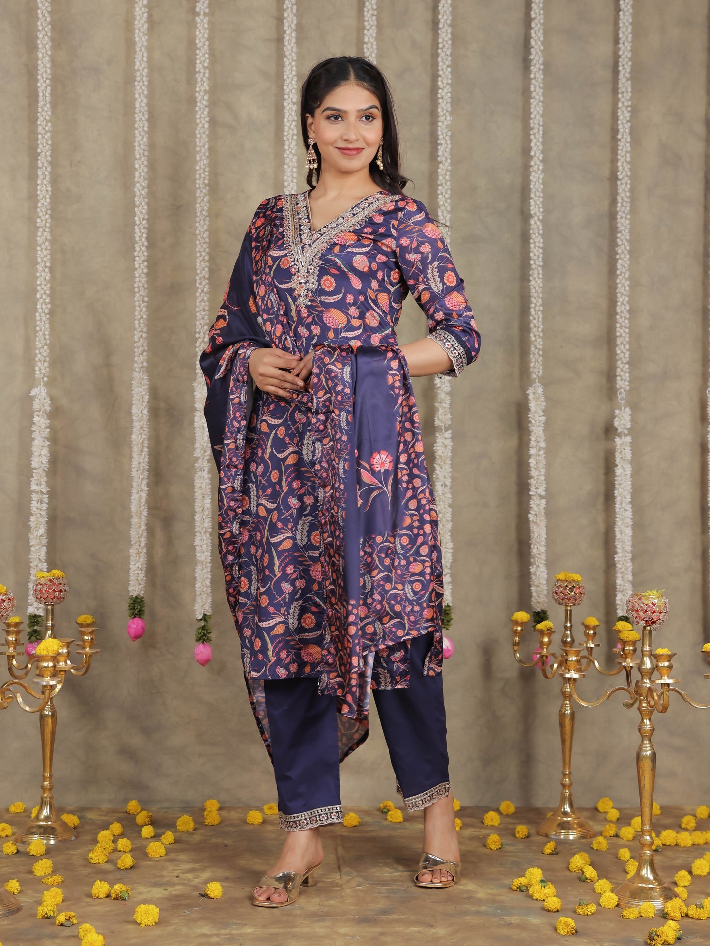 Embroidered Romen silk Floral Blue Kurta