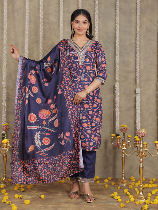Embroidered Romen silk Floral Blue Kurta