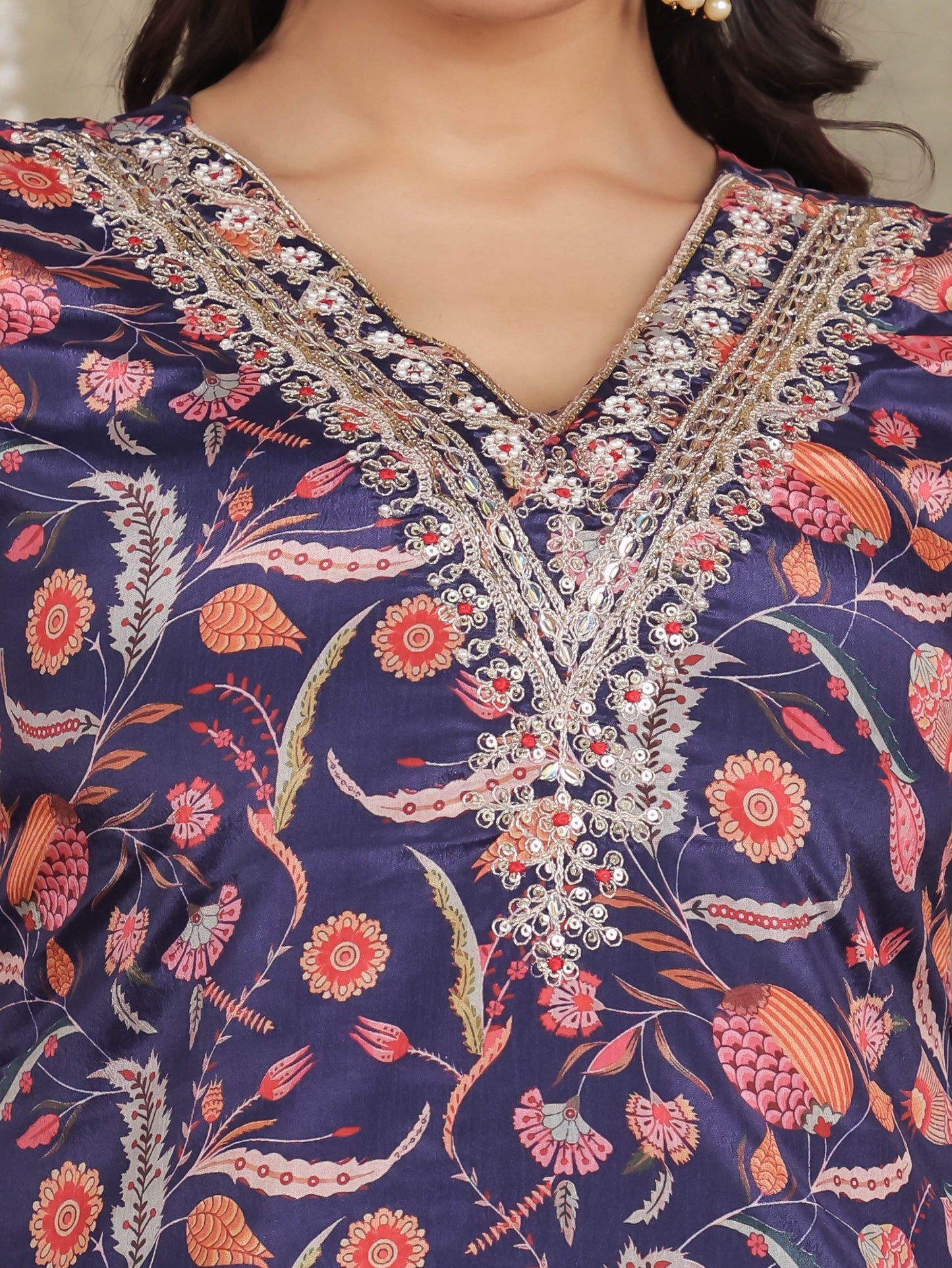 Embroidered Romen silk Floral Blue Kurta
