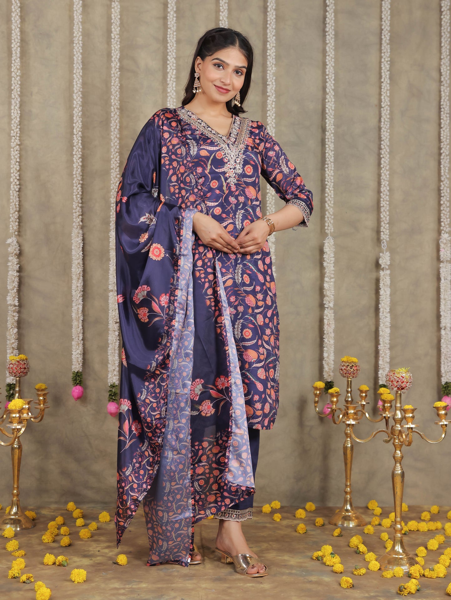 Embroidered Romen silk Floral Blue Kurta