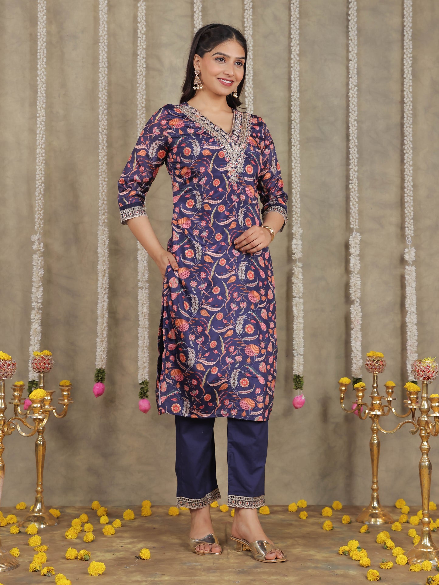Embroidered Romen silk Floral Blue Kurta
