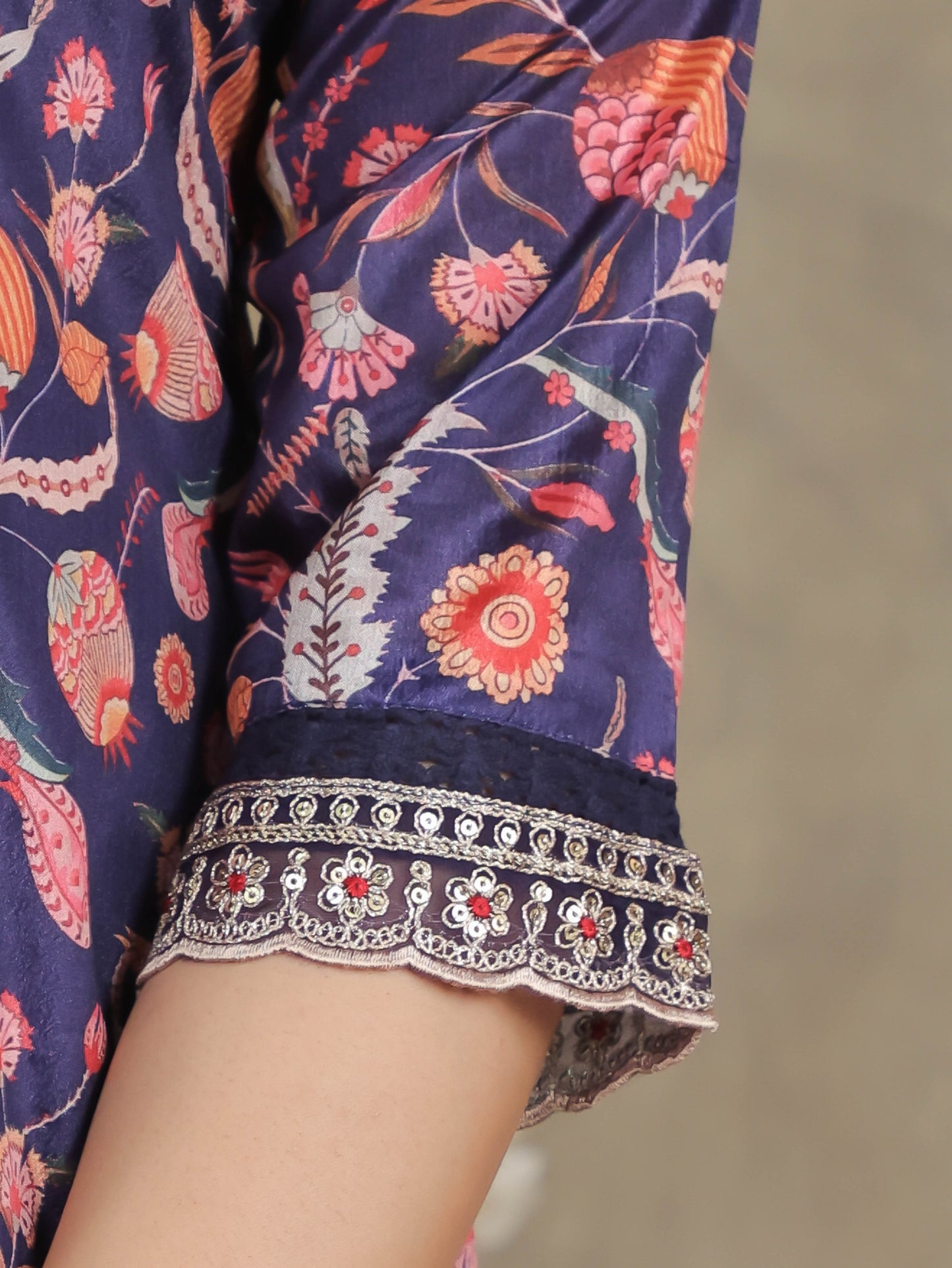 Embroidered Romen silk Floral Blue Kurta