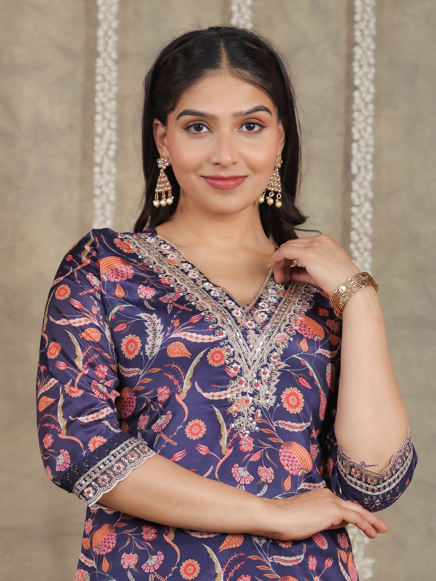 Embroidered Romen silk Floral Blue Kurta