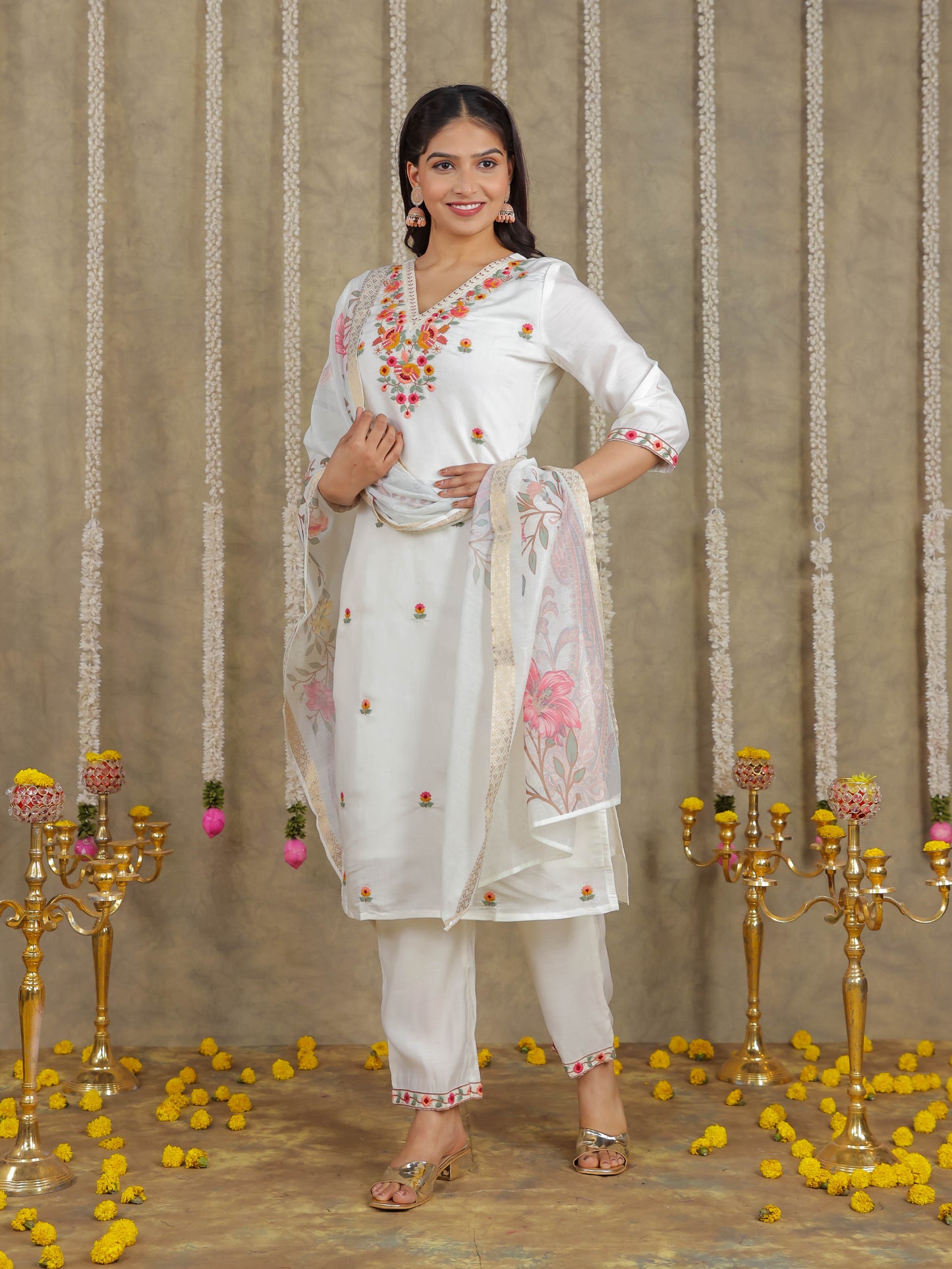 Embroidered Romen silk Solid Off White Kurta
