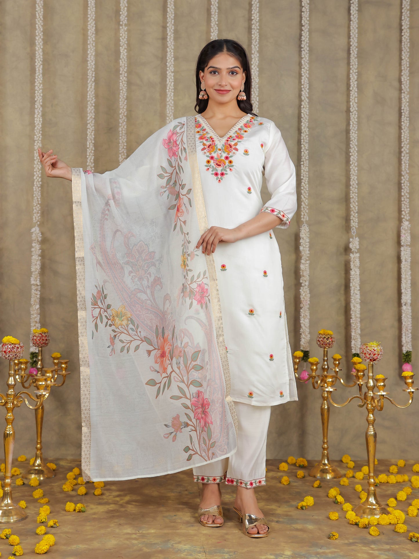 Embroidered Romen silk Solid Off White Kurta
