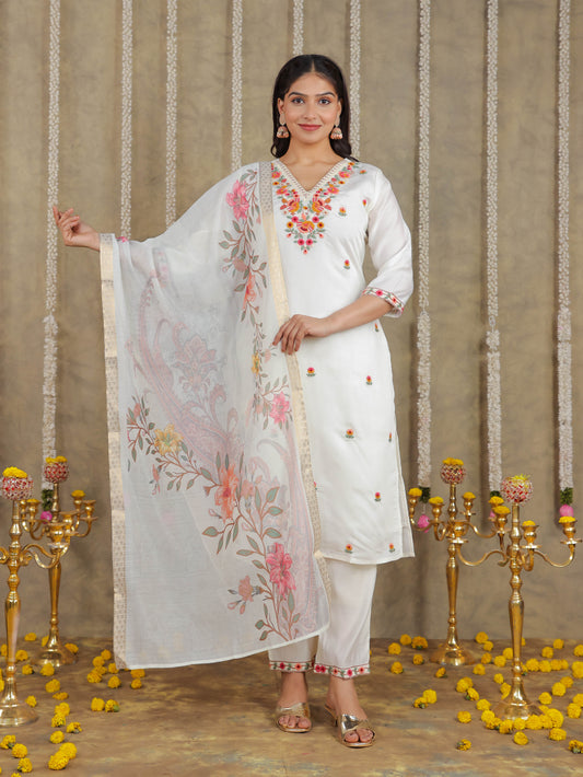 Embroidered Romen silk Solid Off White Kurta
