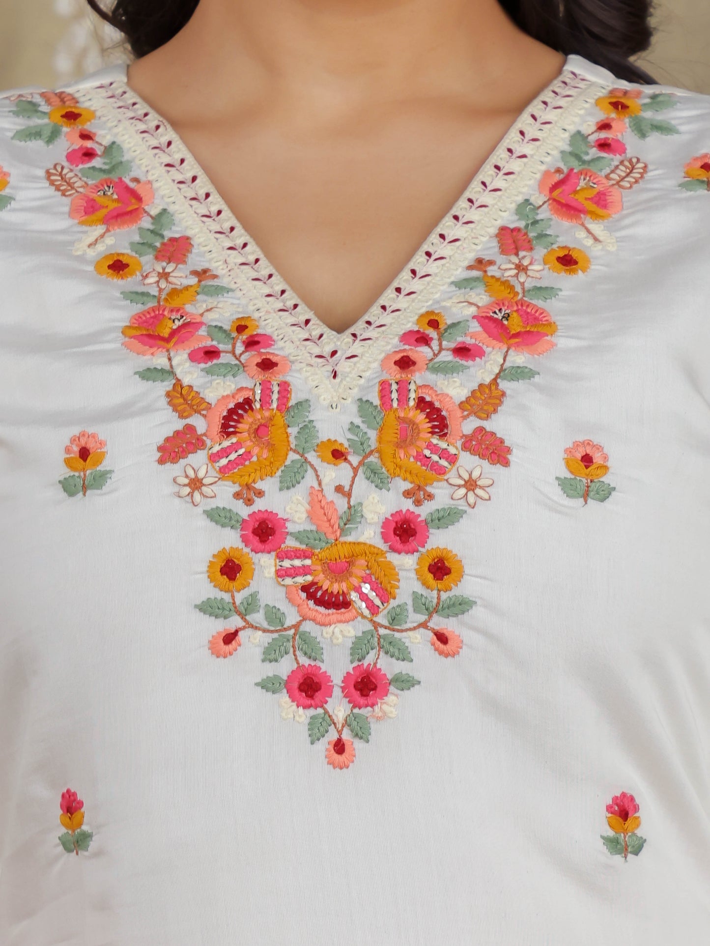 Embroidered Romen silk Solid Off White Kurta