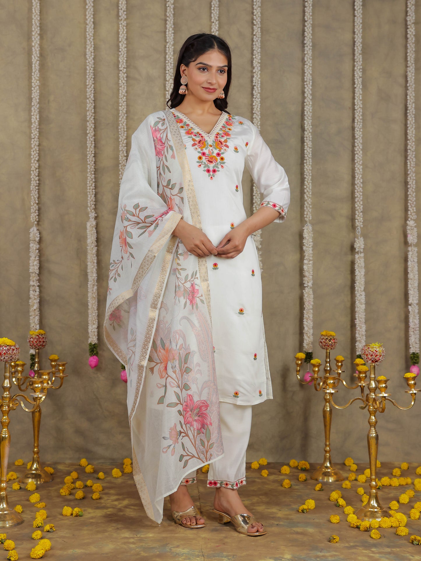 Embroidered Romen silk Solid Off White Kurta