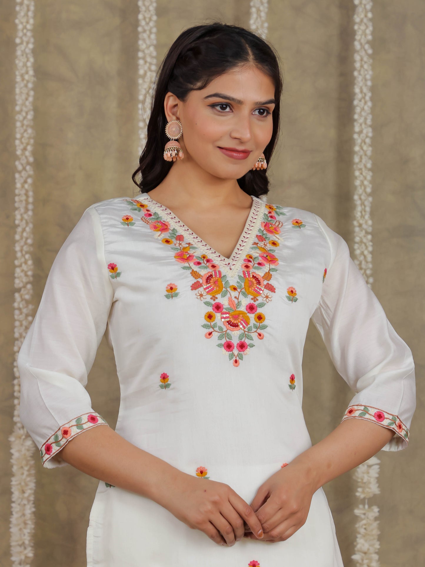 Embroidered Romen silk Solid Off White Kurta