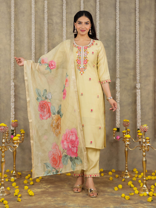 Embroidered Romen silk Solid Yellow Kurta