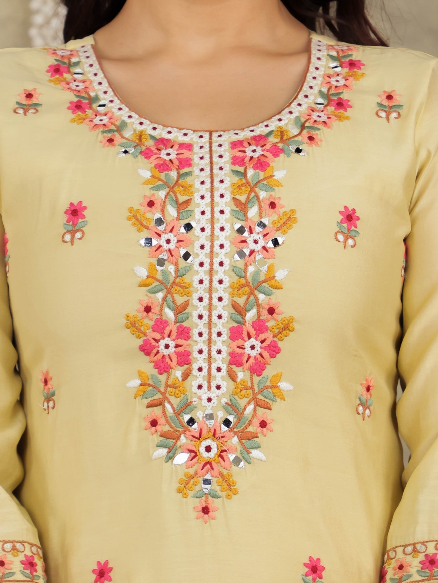 Embroidered Romen silk Solid Yellow Kurta