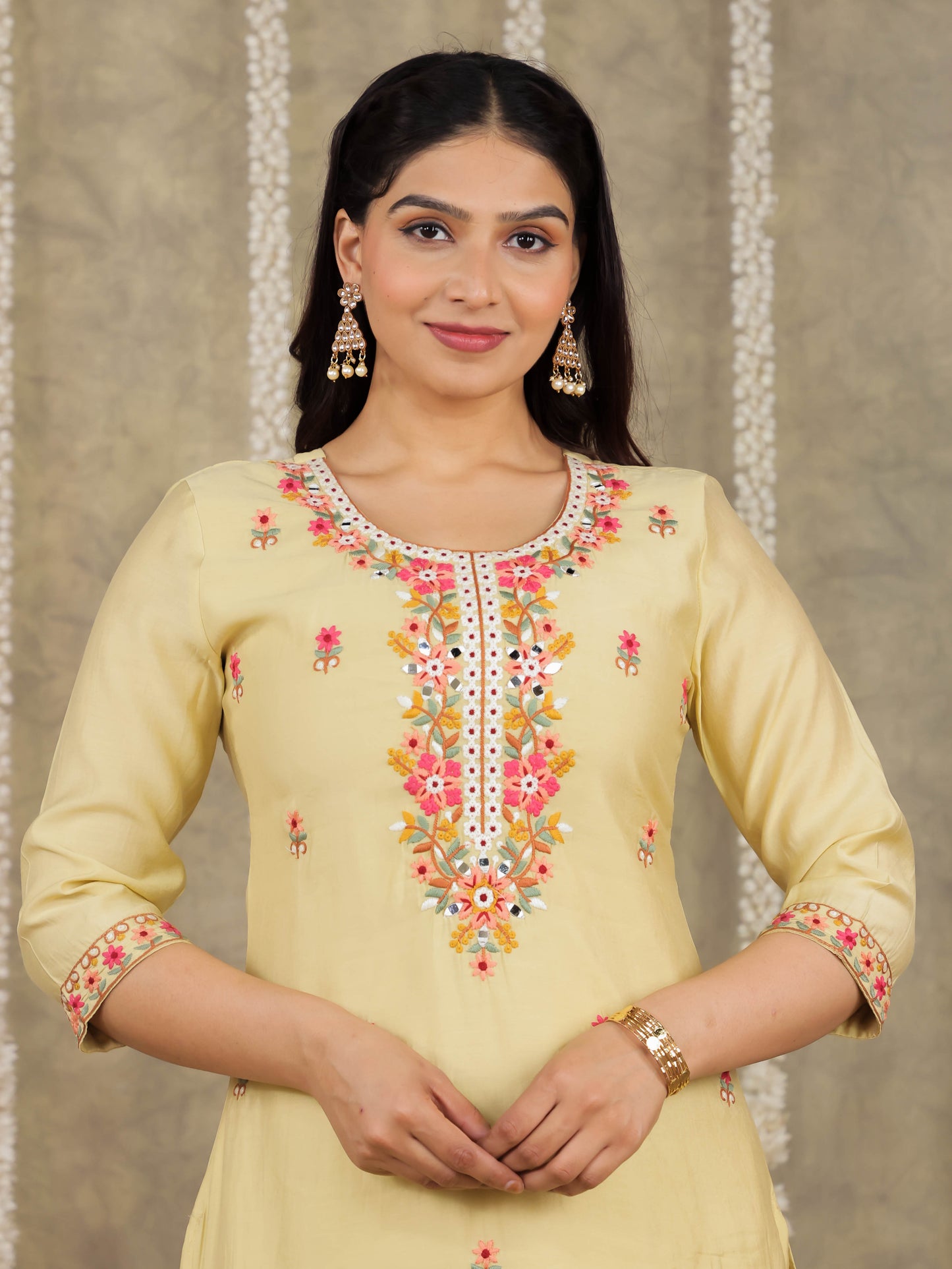 Embroidered Romen silk Solid Yellow Kurta
