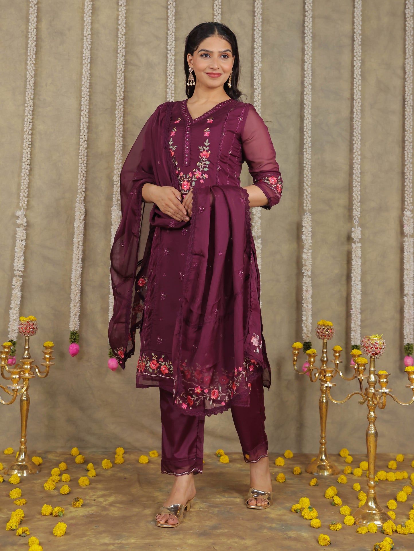 Embroidered Romen silk Solid Purple Kurta