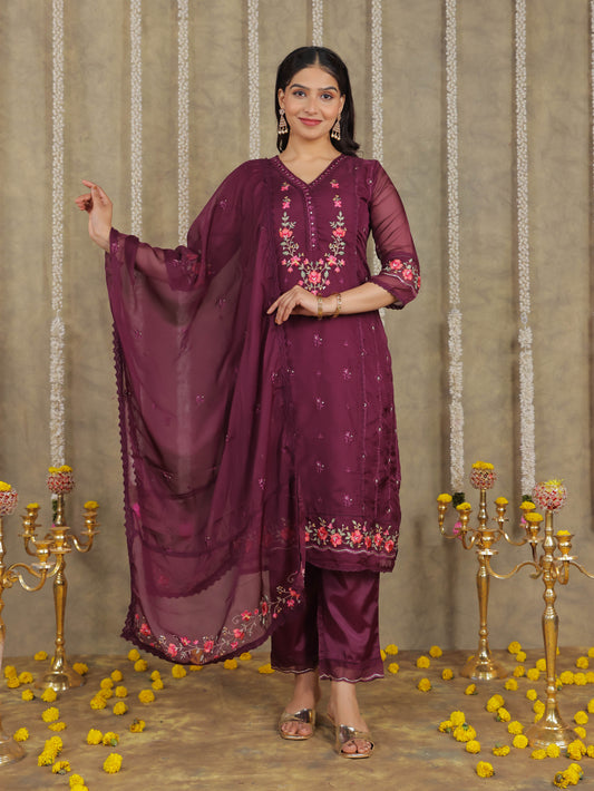 Embroidered Romen silk Solid Purple Kurta