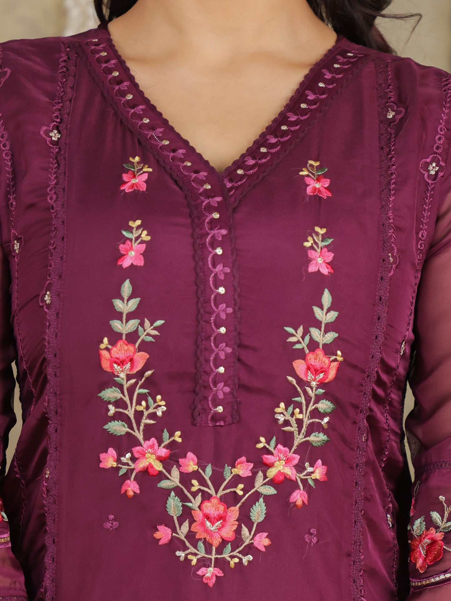Embroidered Romen silk Solid Purple Kurta