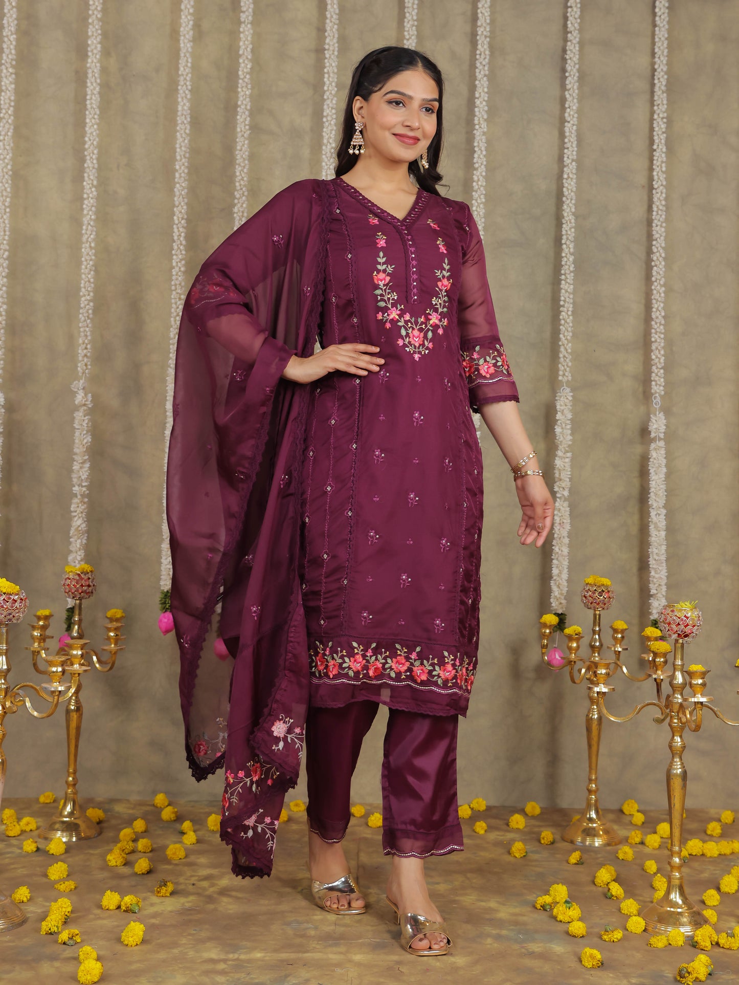 Embroidered Romen silk Solid Purple Kurta