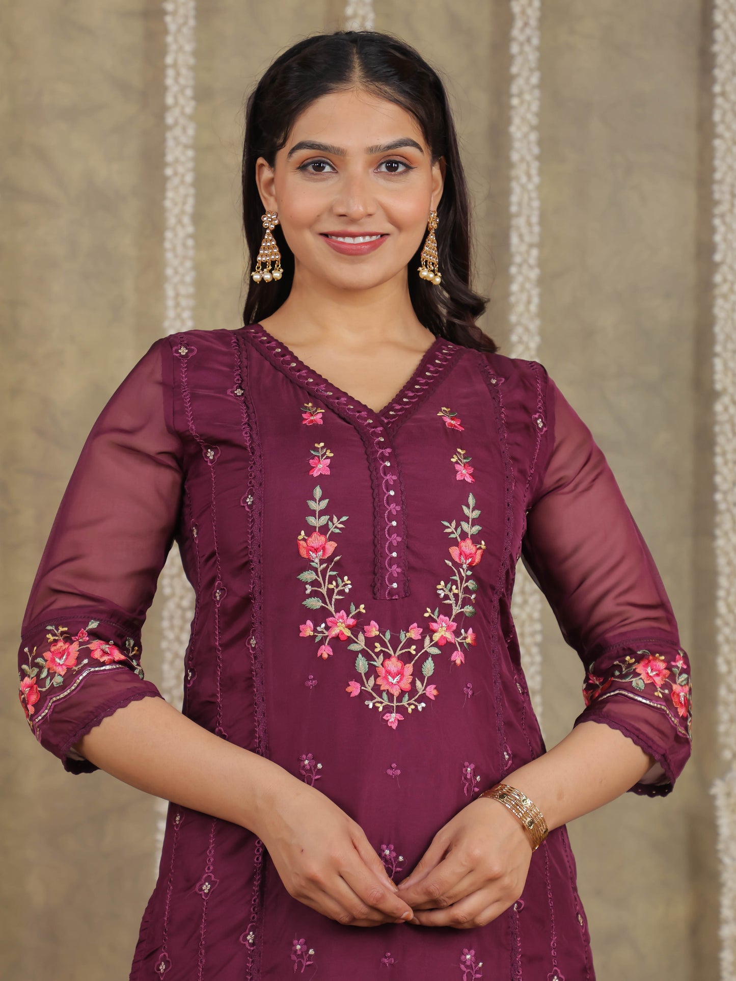 Embroidered Romen silk Solid Purple Kurta