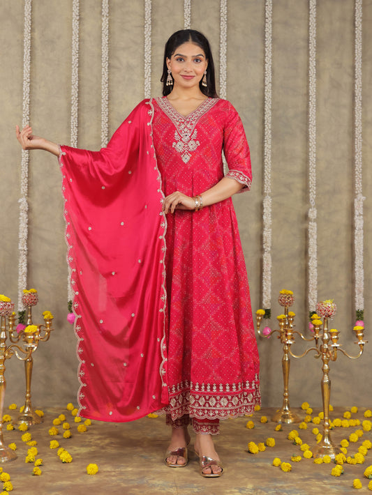 Embroidered Romen silk Geometric Red Kurta