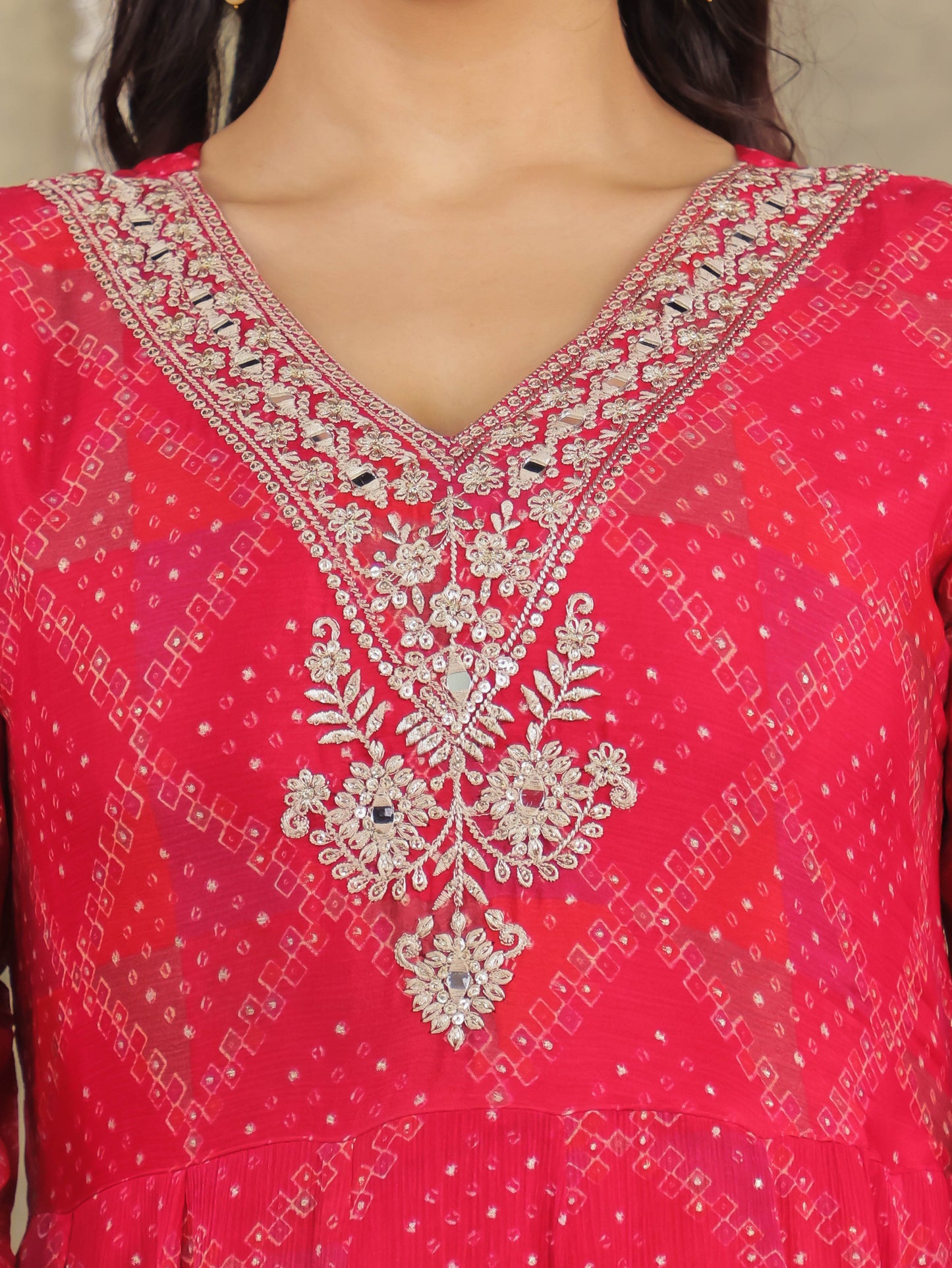 Embroidered Romen silk Geometric Red Kurta