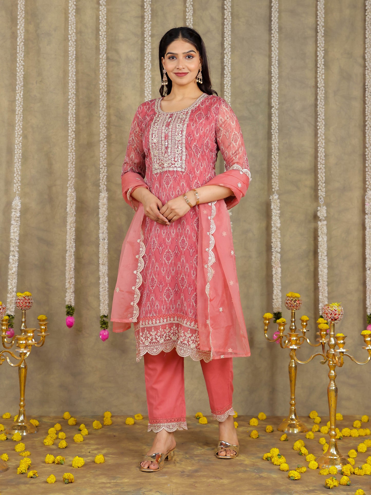 Embroidered Romen silk Ikat Dusty Pink Kurta