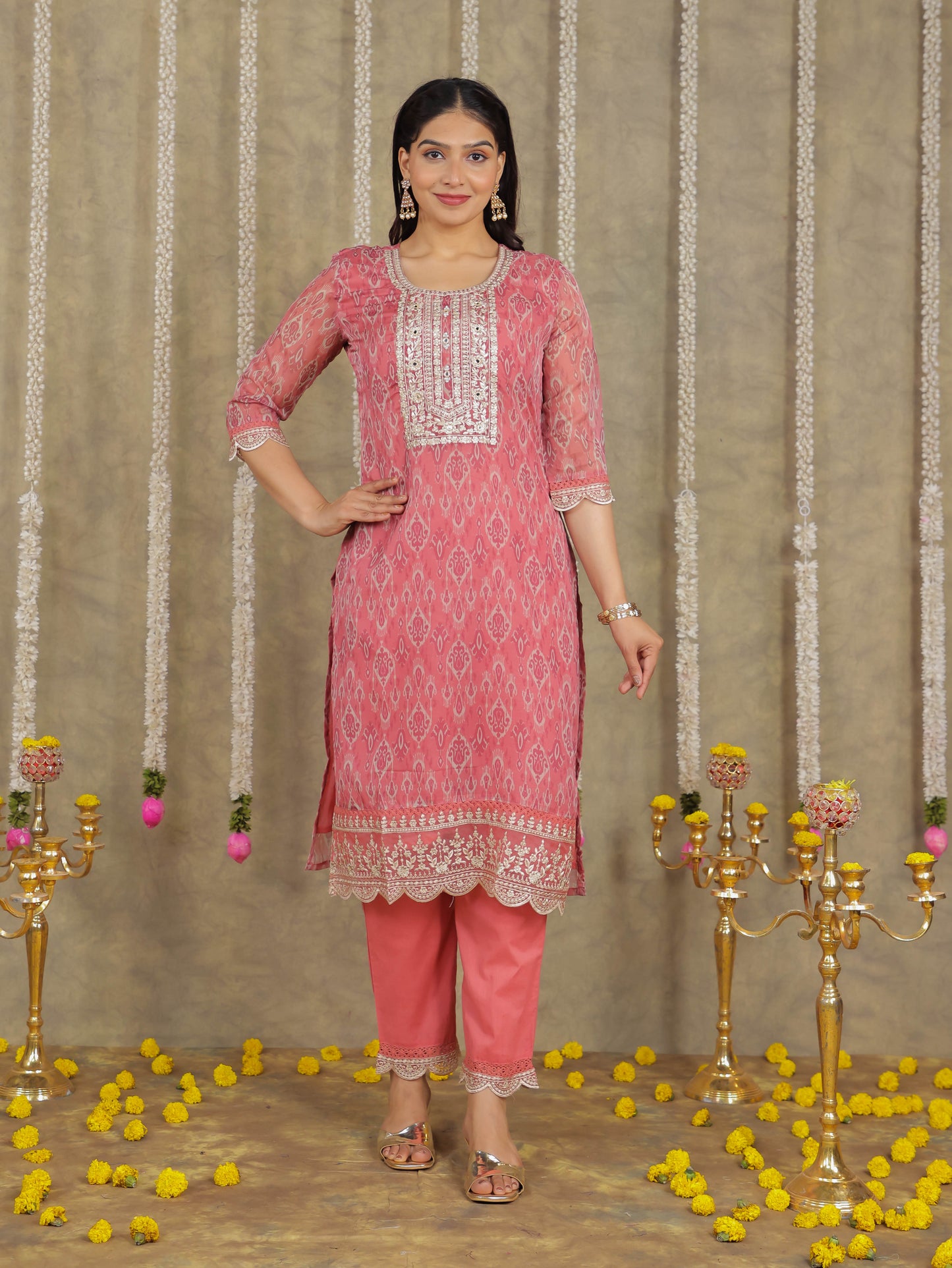 Embroidered Romen silk Ikat Dusty Pink Kurta