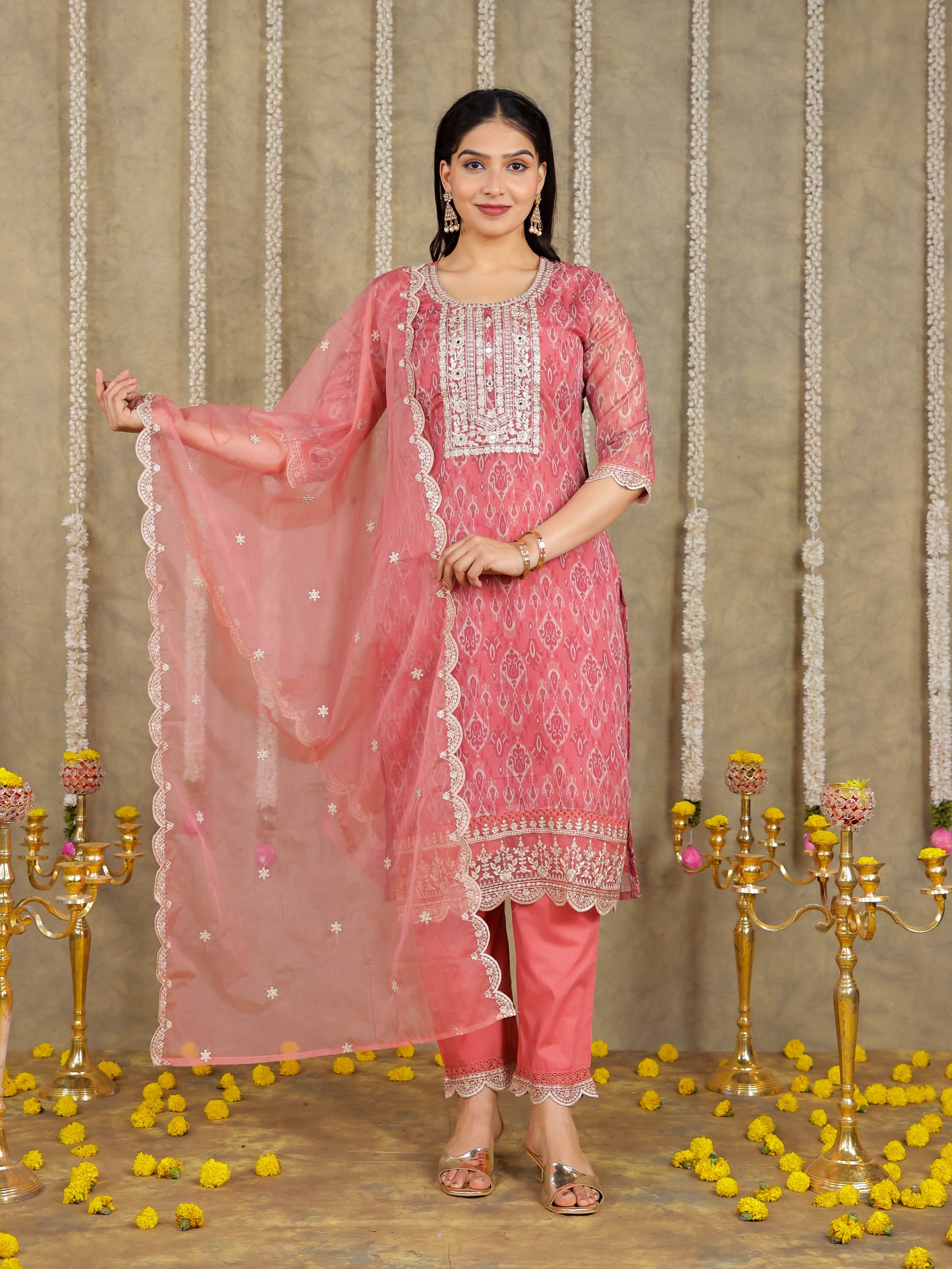 Embroidered Romen silk Ikat Dusty Pink Kurta