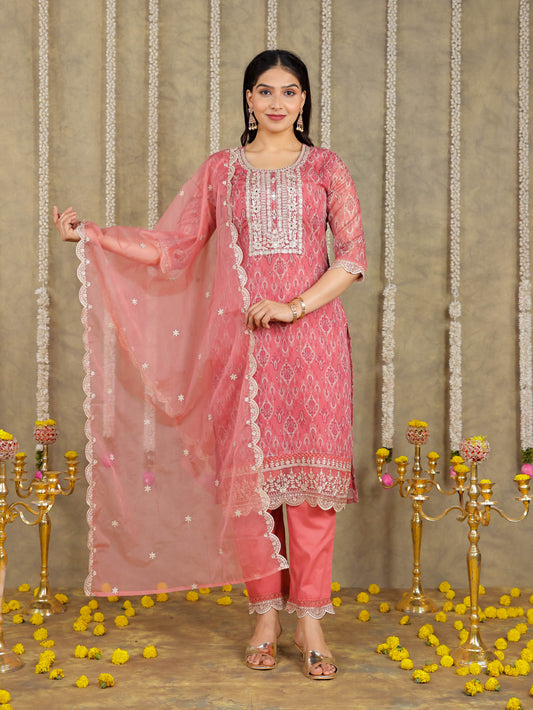 Embroidered Romen silk Ikat Dusty Pink Kurta