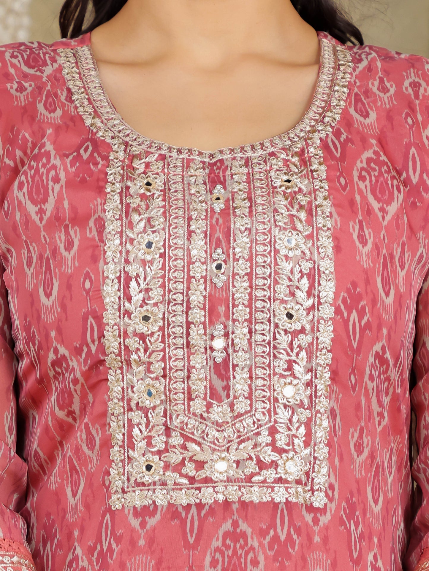 Embroidered Romen silk Ikat Dusty Pink Kurta