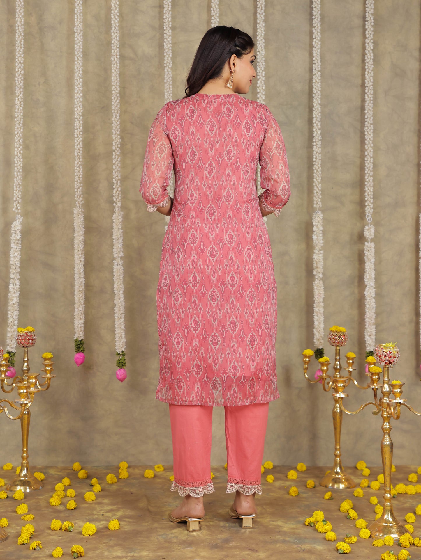 Embroidered Romen silk Ikat Dusty Pink Kurta