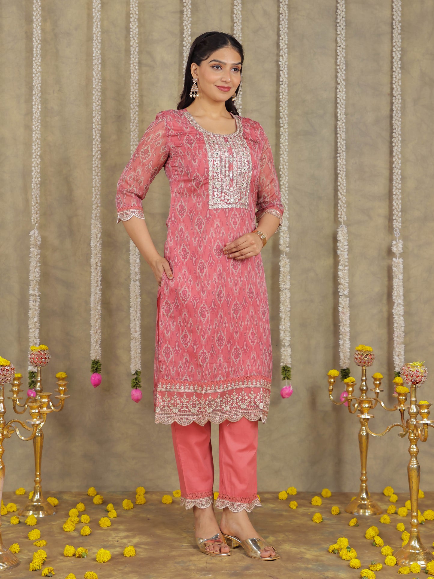 Embroidered Romen silk Ikat Dusty Pink Kurta