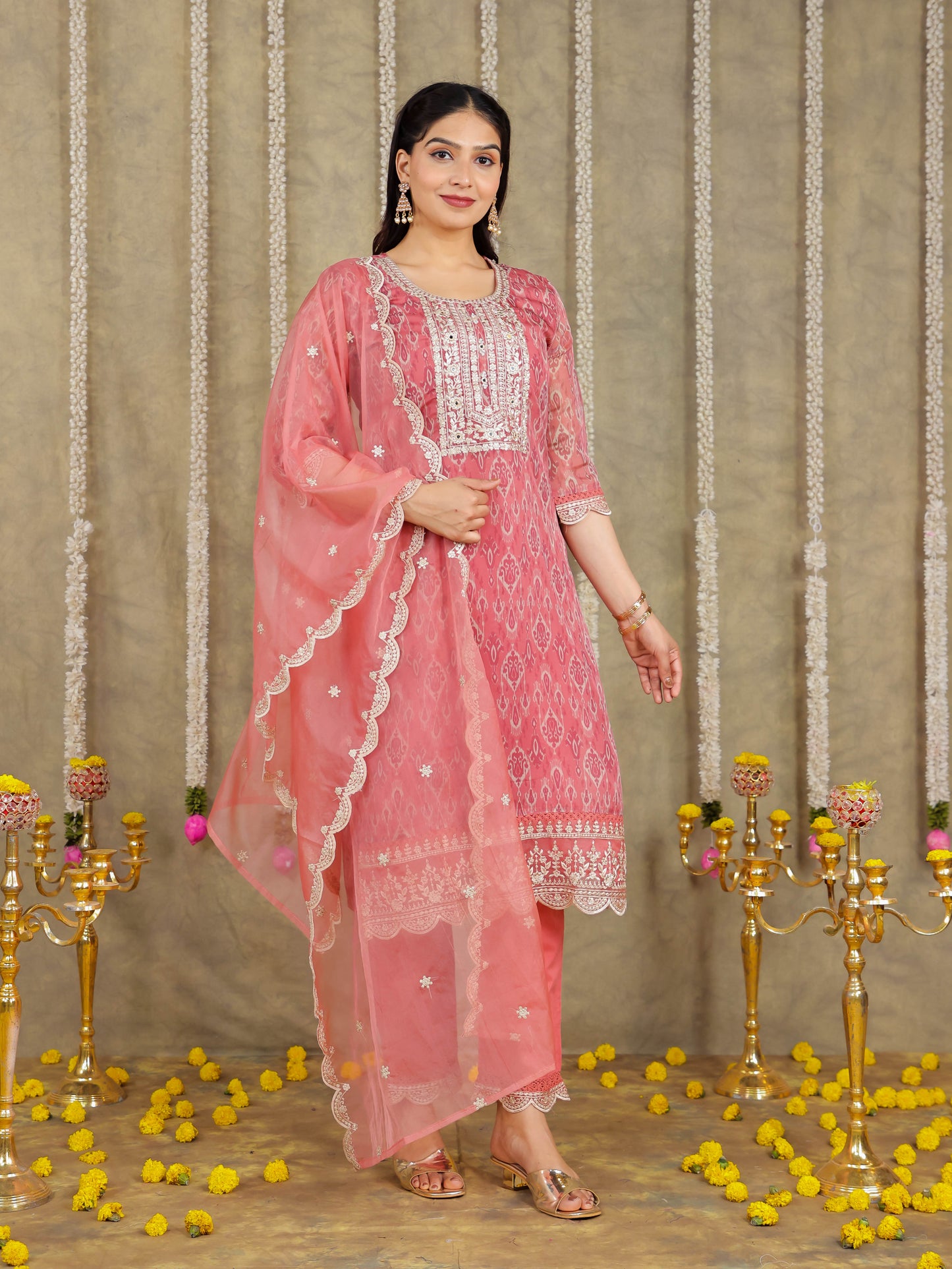 Embroidered Romen silk Ikat Dusty Pink Kurta