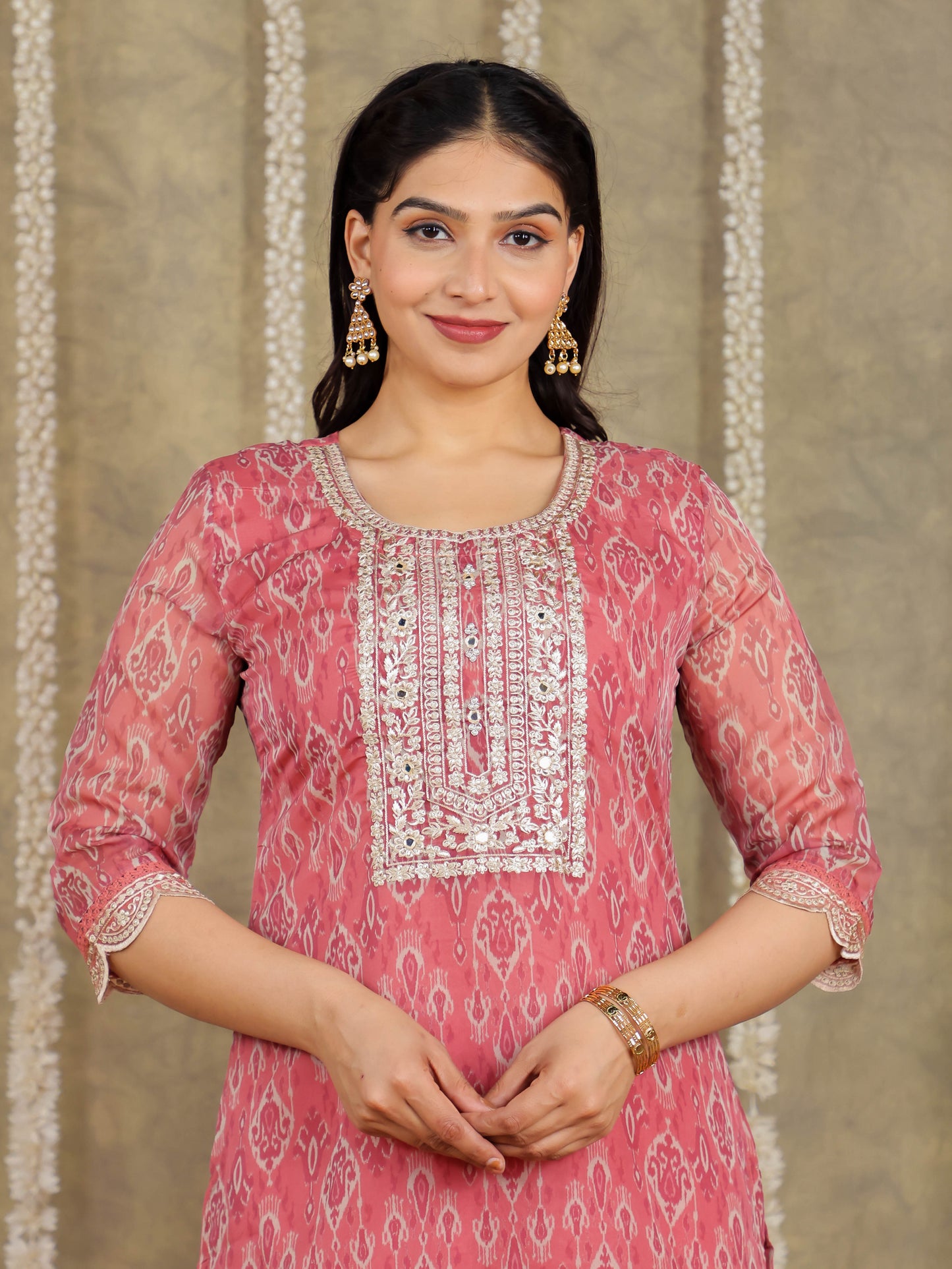 Embroidered Romen silk Ikat Dusty Pink Kurta