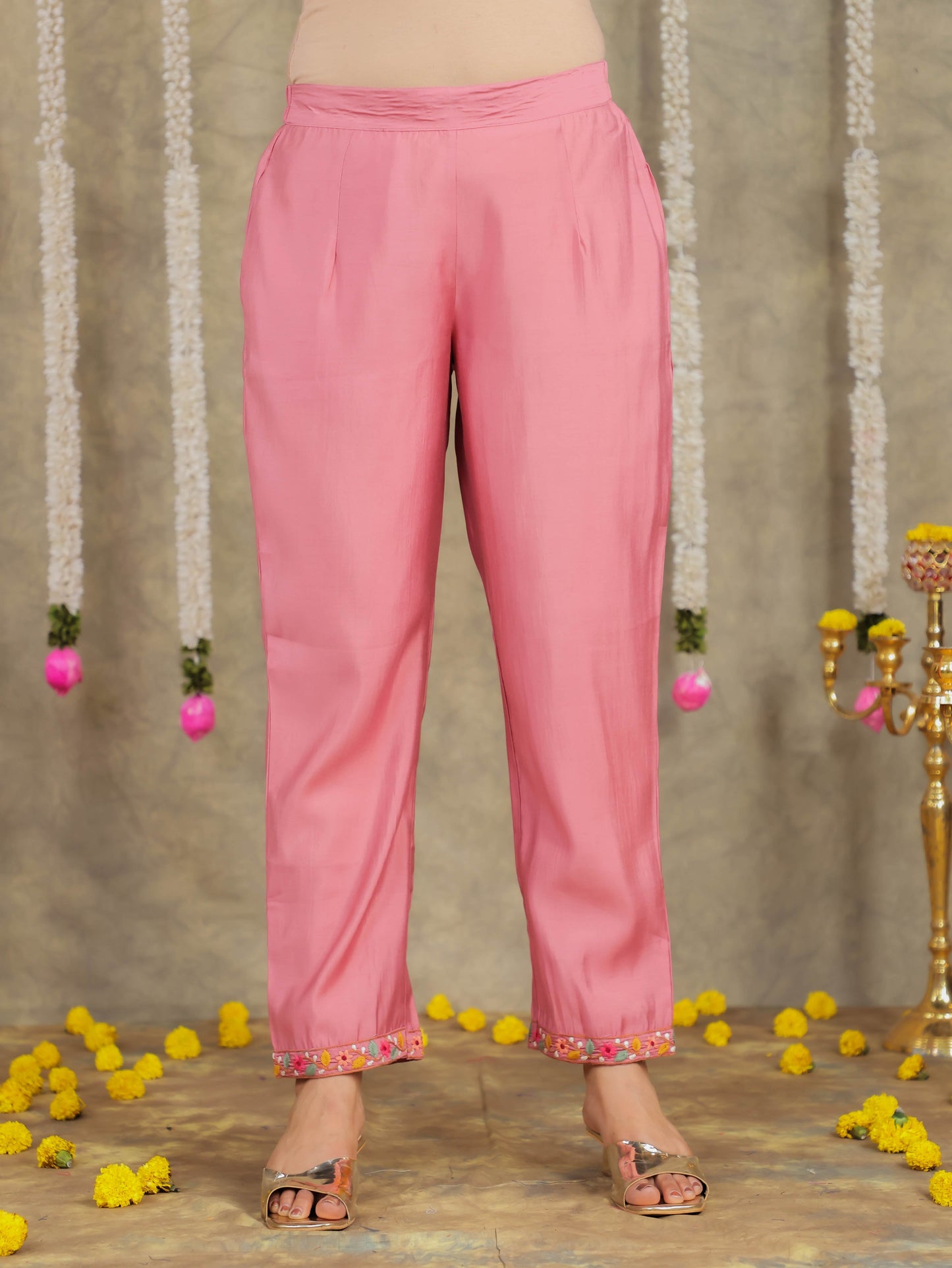 Embroidered Chanderi Solid Straight Pink Kurta