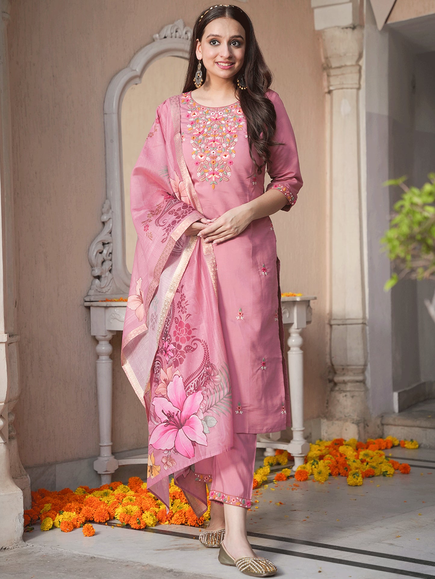 Embroidered Roman Silk Solid Pink Kurta