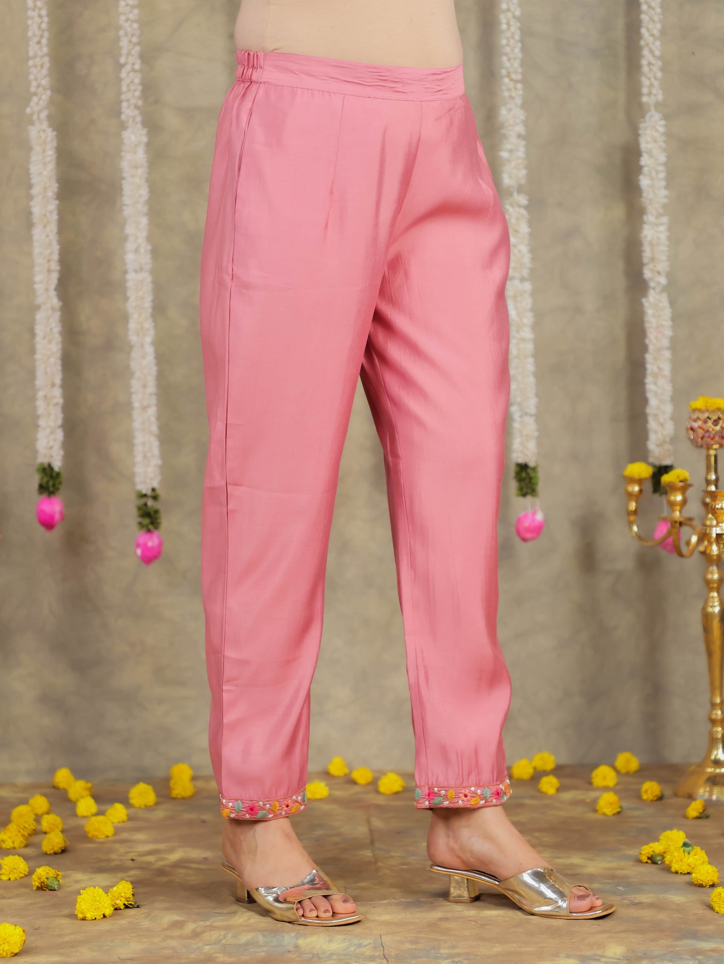 Embroidered Roman Silk Solid Pink Kurta