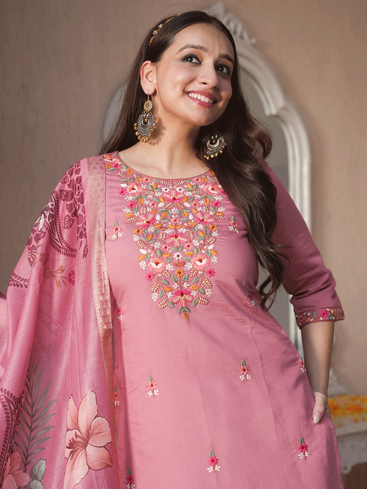Embroidered Roman Silk Solid Pink Kurta