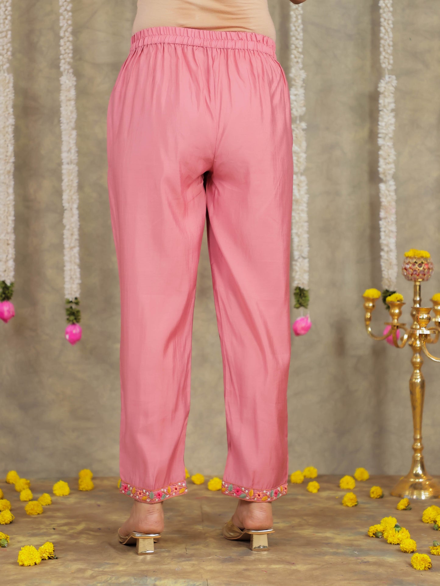 Embroidered Roman Silk Solid Pink Kurta
