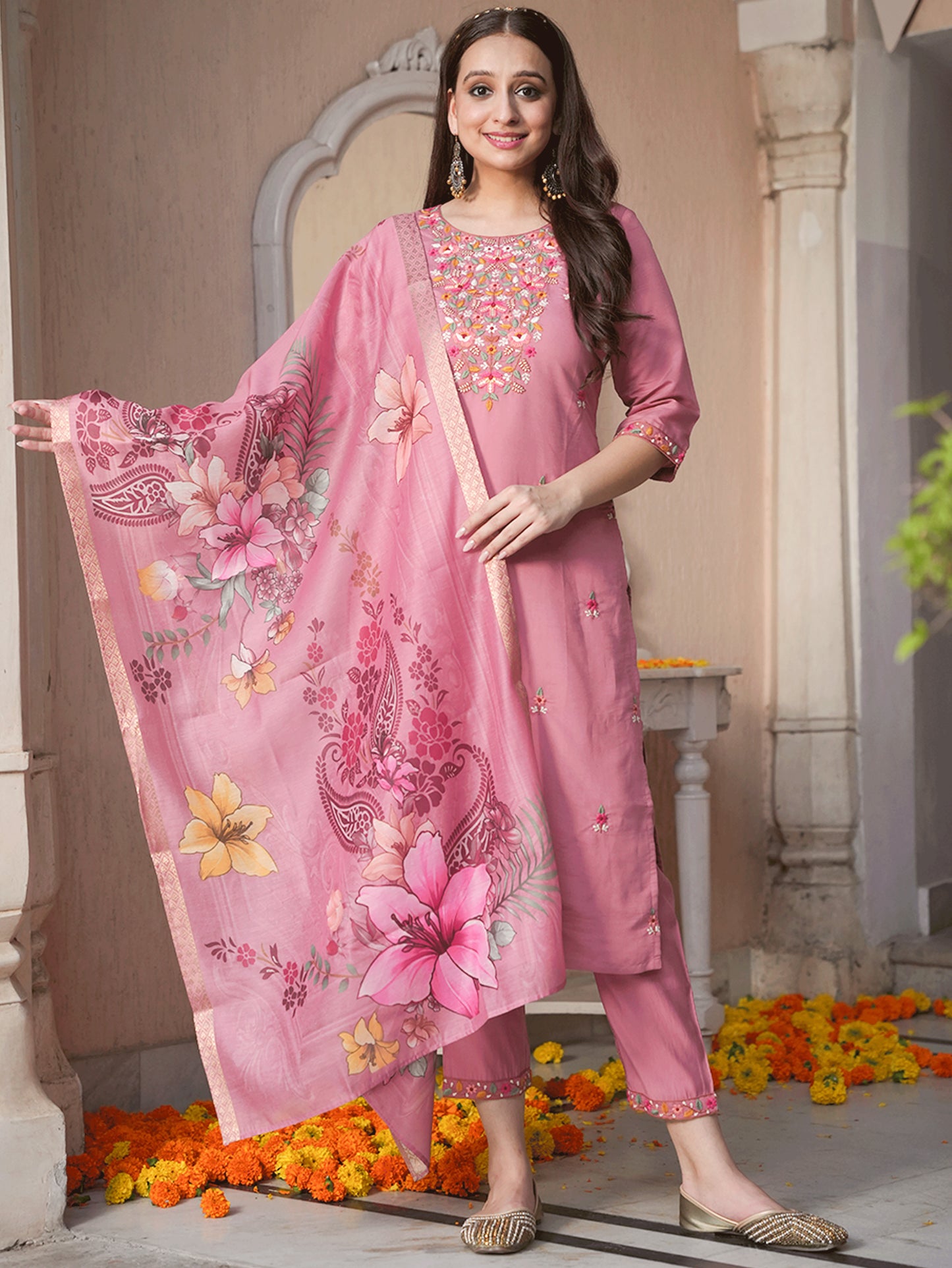 Embroidered Roman Silk Solid Pink Kurta