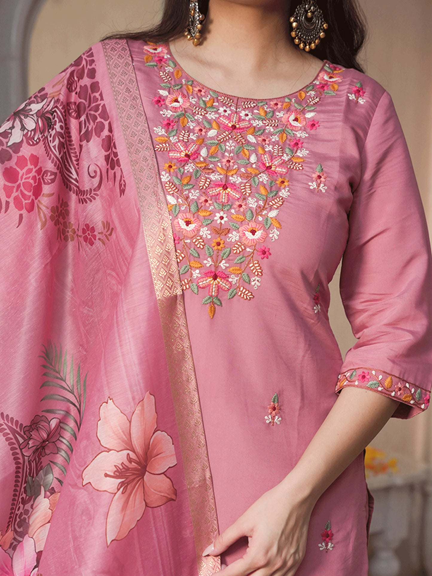 Embroidered Roman Silk Solid Pink Kurta