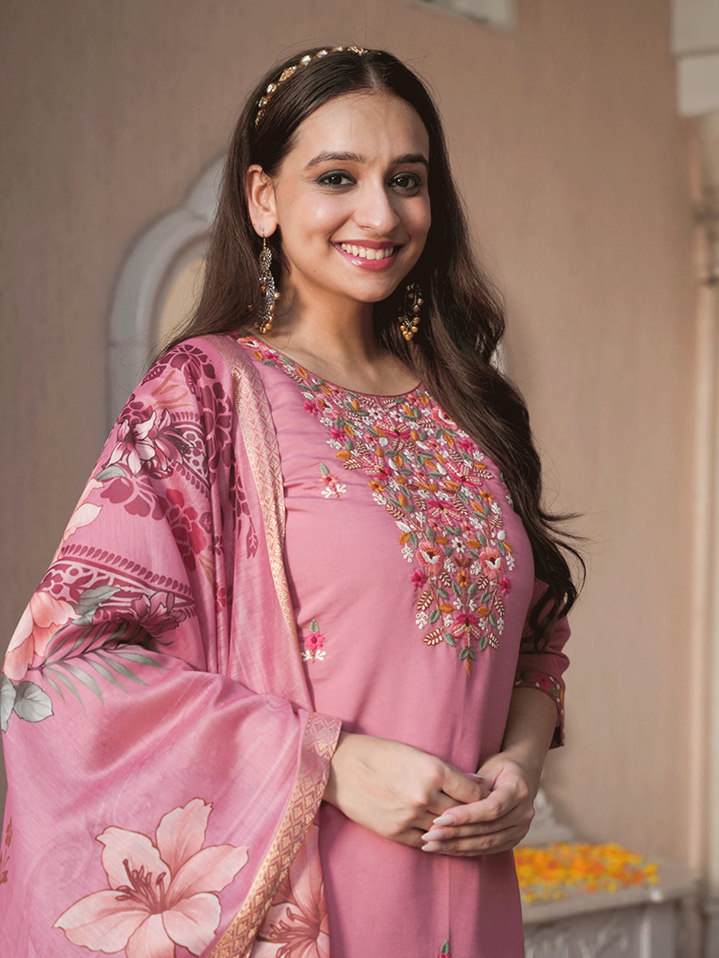 Embroidered Roman Silk Solid Pink Kurta