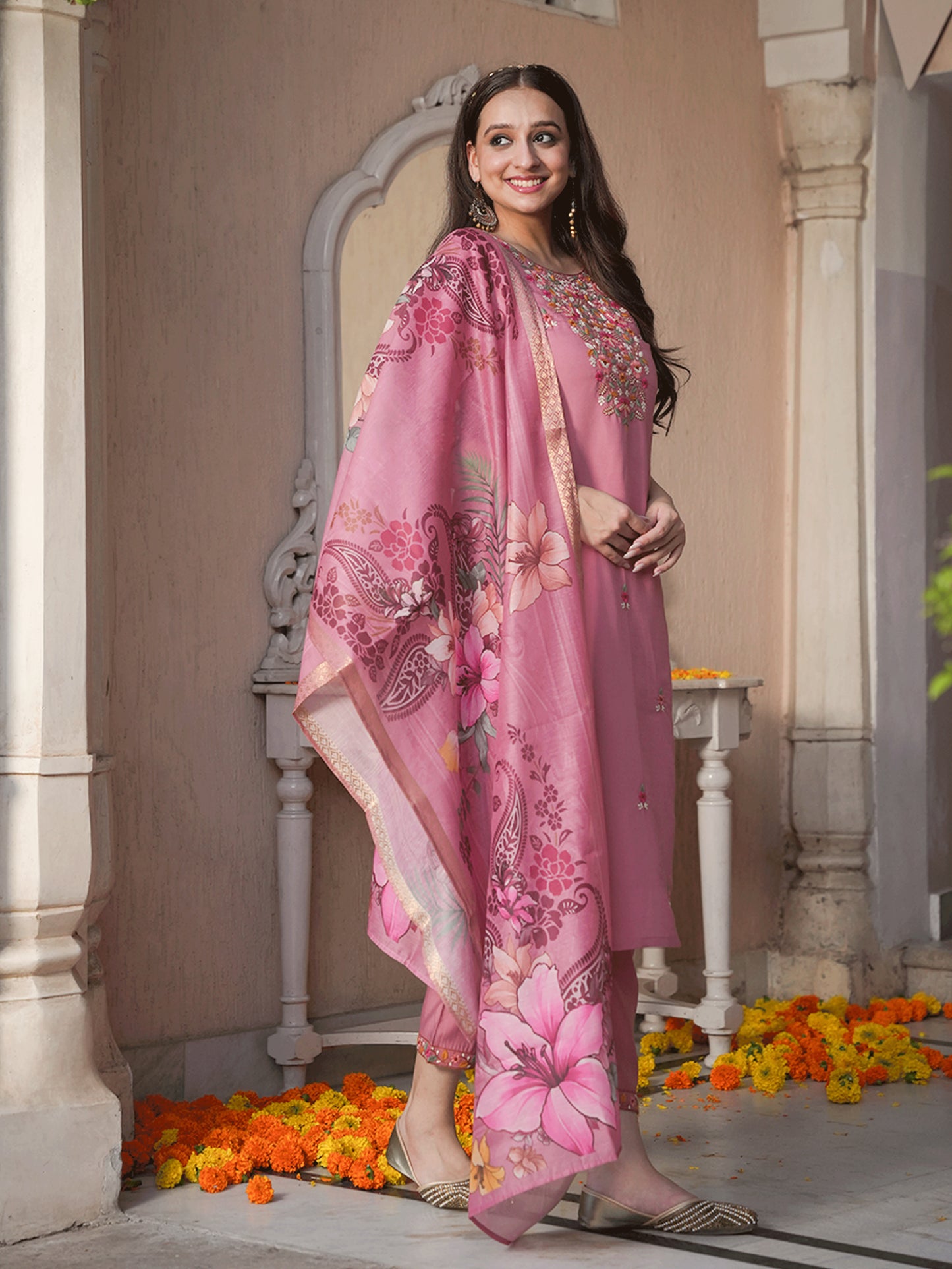 Embroidered Roman Silk Solid Pink Kurta