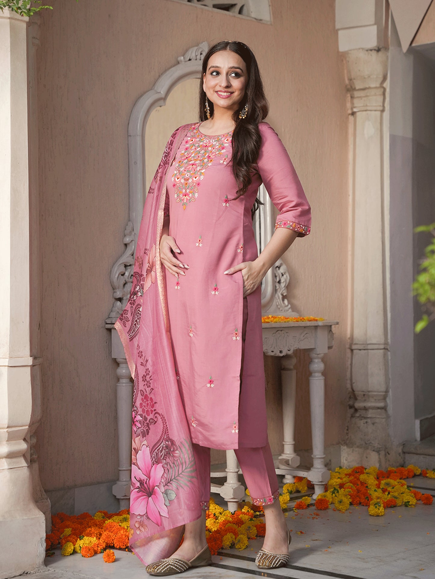 Embroidered Roman Silk Solid Pink Kurta
